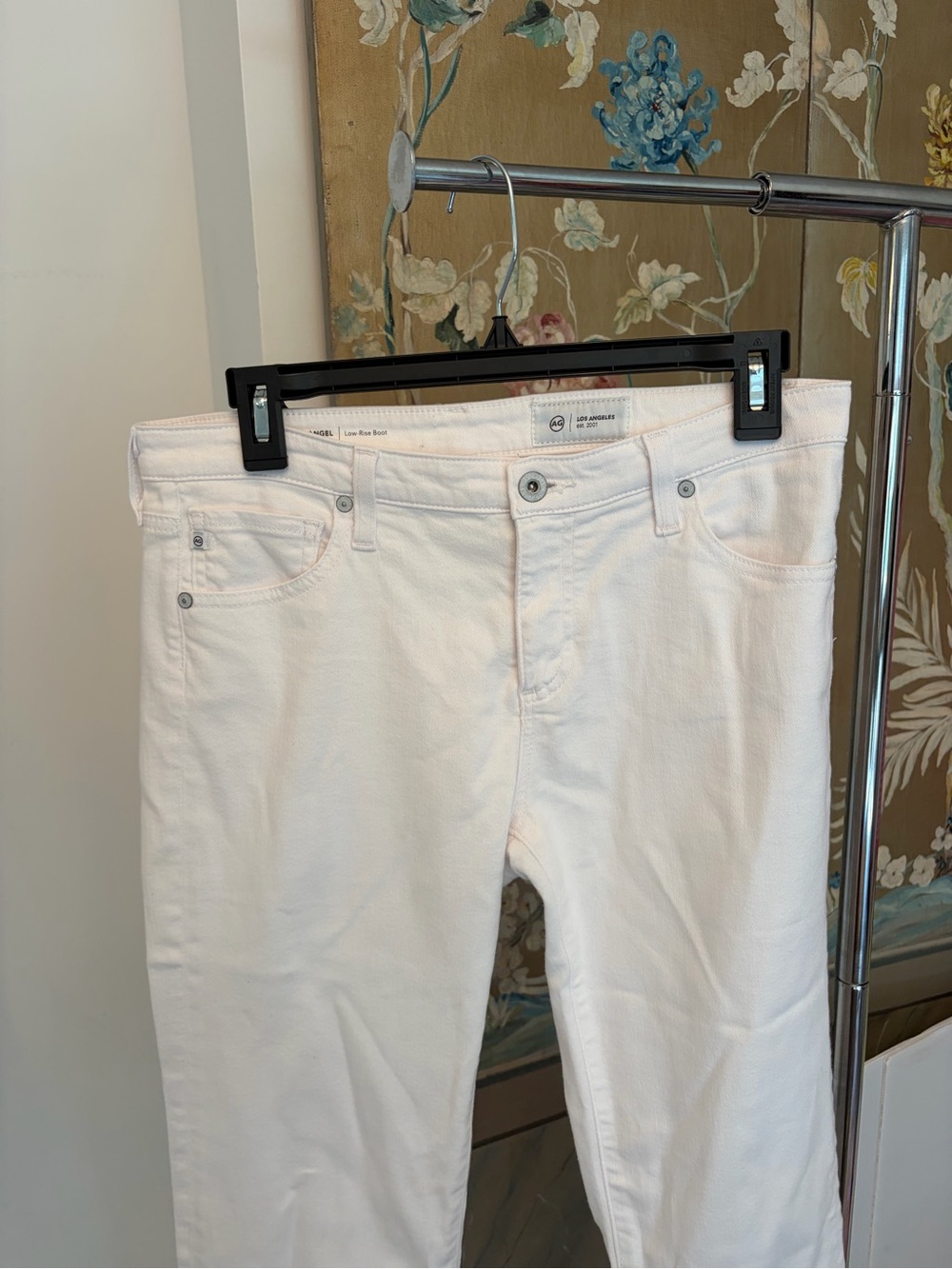 AG Adriano Goldschmied White Low Rise Bootcut, Raw Hem Jeans
